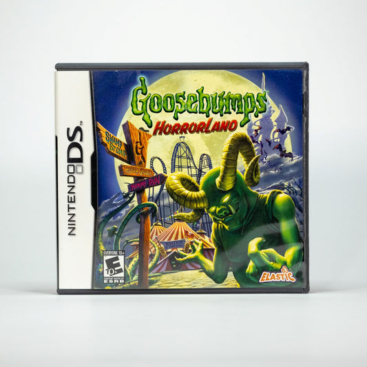 Goosebumps HorrorLand (2008) Nintendo DS game case featuring a green HorrorLand monster with horns, a spooky amusement park background, and signs for rides like 'Swamp Stomp' and 'Mummy Run' under a full moon.