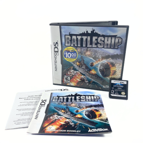 Battleship Nintendo DS video game case, featuring cover art with navy ships under attack, explosions, fire, and smoke, along with the game cartridge and manual.