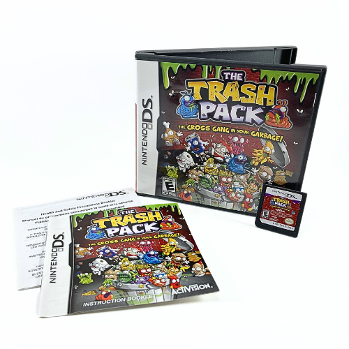 A picture showing the front of the original game case and game cartridge as well as the manual and case inserts.