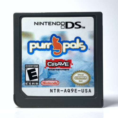 A picture of the front of Purr Pals Video Game Cartridge showing the label, it's E for everyone game rating, and model number NTR-AQ9E-USA