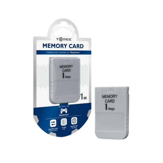 Tomee 1MB Memory Card for PlayStation 1 and 2 in retail packaging. Compatible with PlayStation One and PlayStation 2 consoles, region-free, and tested for reliable game data storage.